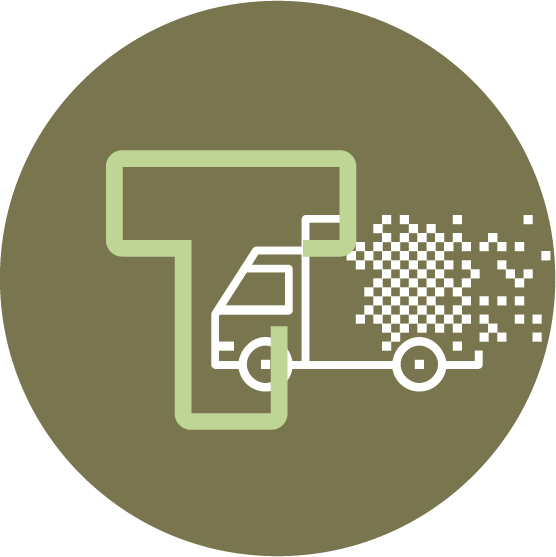 En grafikk av en grønn 'T'-form med en hvit lastebil som kommer ut av den og pikselerte firkanter bak, alt inne i en grønn sirkulær bakgrunn, perfekt for å illustrere "kontakt oss".