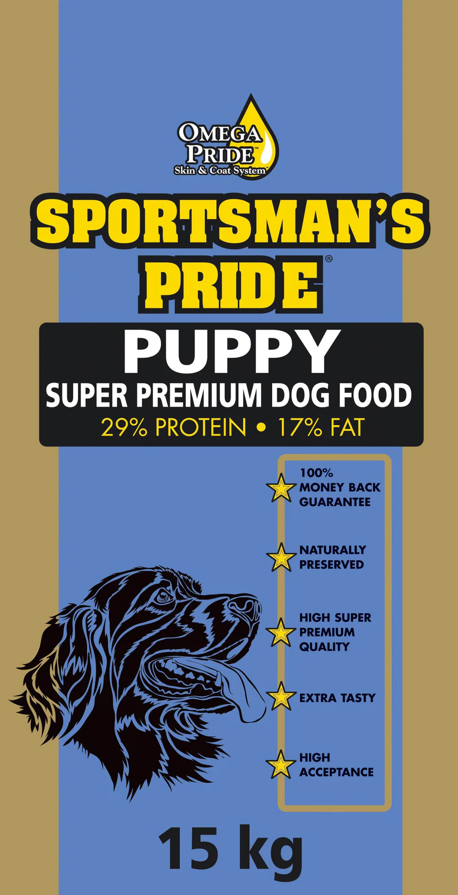Emballasje av Sportman's Pride Puppy Super Premium Hundefor med 29 % protein og 17 % fett. Den veier 15 kg og gir pengene-tilbake-garanti, høy kvalitet, naturlig bevaring og høy aksept.