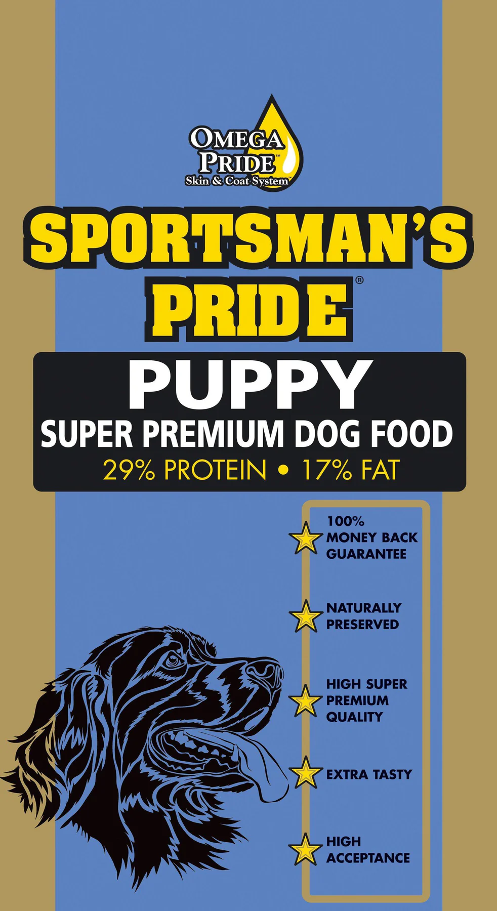 Et merke for Sportsman's Pride Puppy Super Premium Hundefor fremhever 29 % protein og 17 % fett, med funksjoner som en pengene-tilbake-garanti, naturlig bevaring, overlegen kvalitet, ekstra smak og høy aksept.