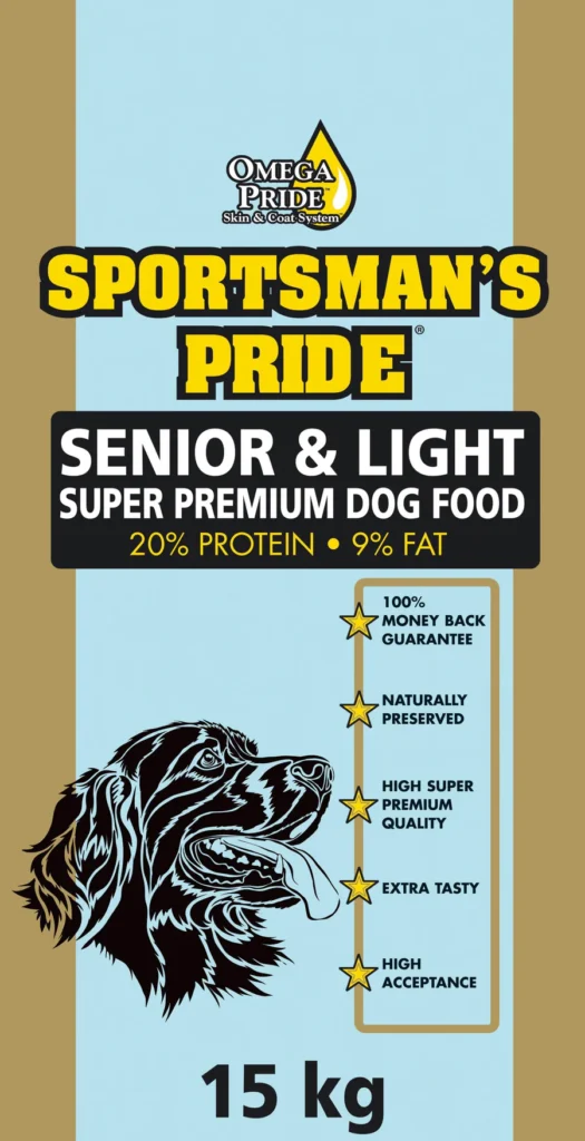En 15 kg pose med Sportsman's Pride Senior & Light super premium hundefor. Funksjoner inkluderer 20 % protein, 9 % fett, høy super premium kvalitet, ekstra smak og høy aksept.