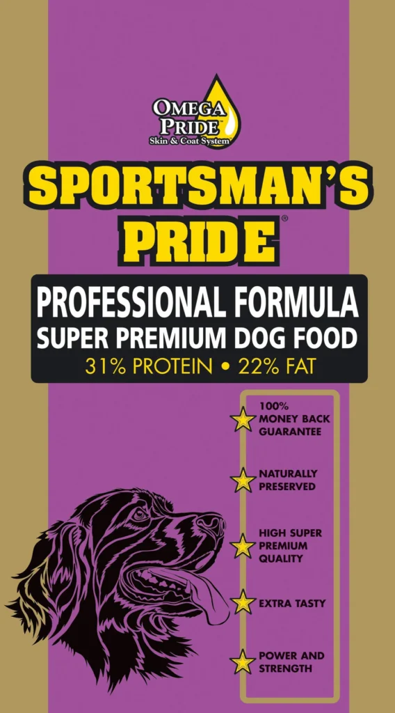 Etikett på et hundematprodukt kalt "Sportsman's Pride" (Hundefor) med 31 % protein og 22 % fett. Den har fordeler som en pengene-tilbake-garanti, naturlig bevaring, høy kvalitet, god smak og styrkeforbedring.