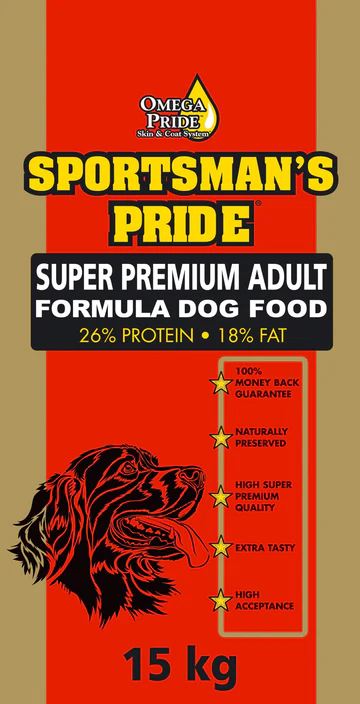 En rød og gul Sportsman's Pride Super Premium Adult Formula Hundefor-pakke, 15 kg, med 26 % protein og 18 % fett, med funksjoner som pengene-tilbake-garanti, naturlig bevaring og høy kvalitet.