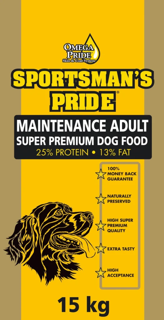 Gul og svart Sportsman's Pride Maintenance Adult Super Premium Hundefor, 15 kg, med 25 % protein og 13 % fett. Funksjoner inkluderer en pengene-tilbake-garanti, naturlig bevart, høy kvalitet og ekstra velsmakende.