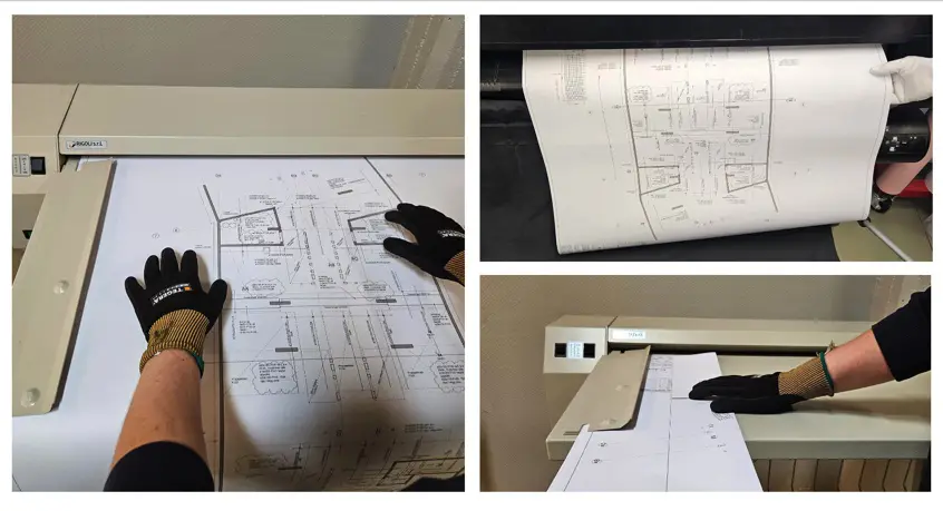 Tre bilder som viser en person med hansker som bruker en storformatskriver for å skrive ut arkitektoniske tegninger, nærmere bestemt byggetegninger fra Tunet Grafisk. Papiret mates inn i skriveren og justeres manuelt.